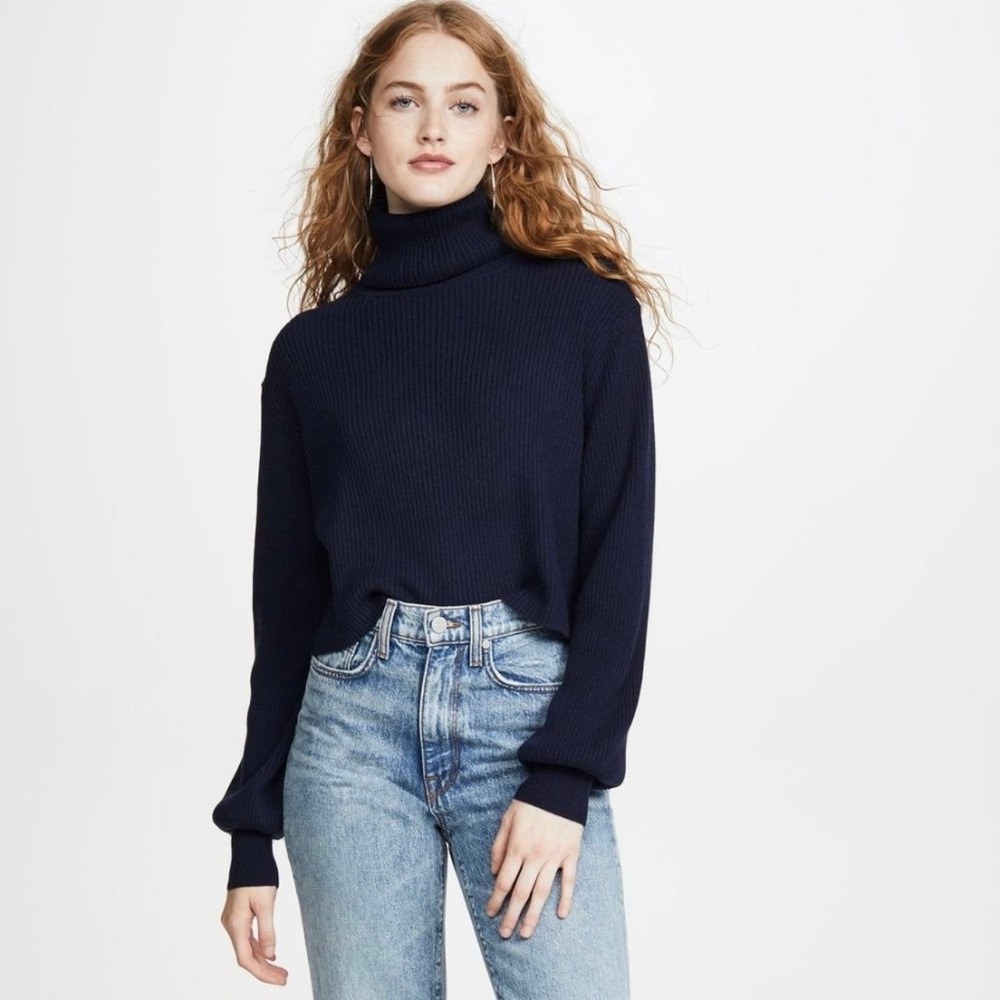 Reformation Luisa Cropped Cashmere Sweater Ribbed Turtleneck Navy Blue Womens M